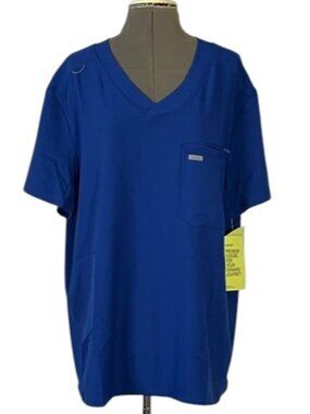 LANDAU Royal Blue V-Neck Scrub Top With Rib Details Size XL NWT